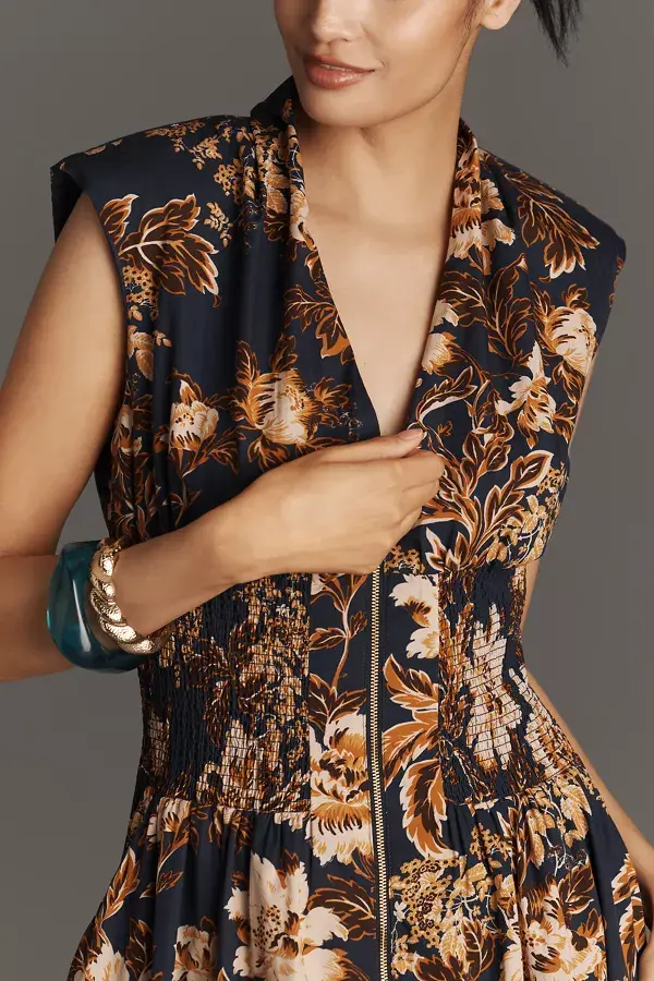 Anthropologie The Tommie Cap-Sleeve Smocked Front-Zip Shirt Dress Brown Floral