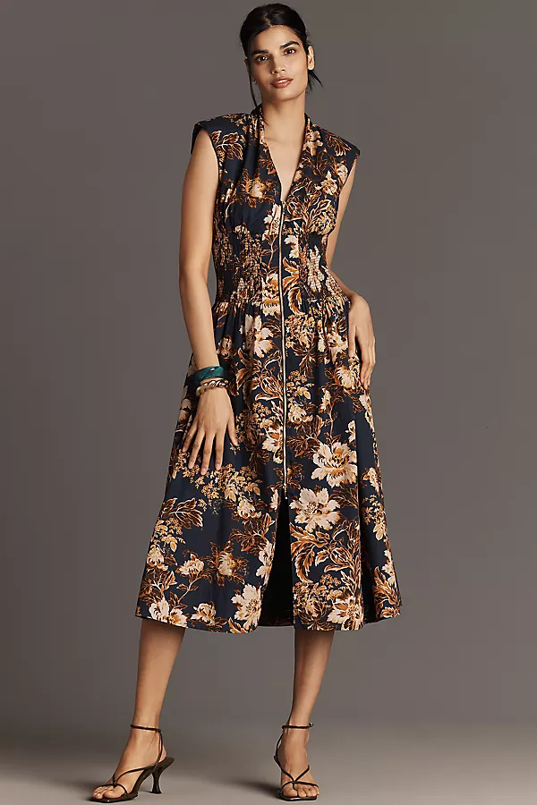 anthropologie The Tommie Cap-Sleeve Smocked Front-Zip Shirt Dress Brown Floral