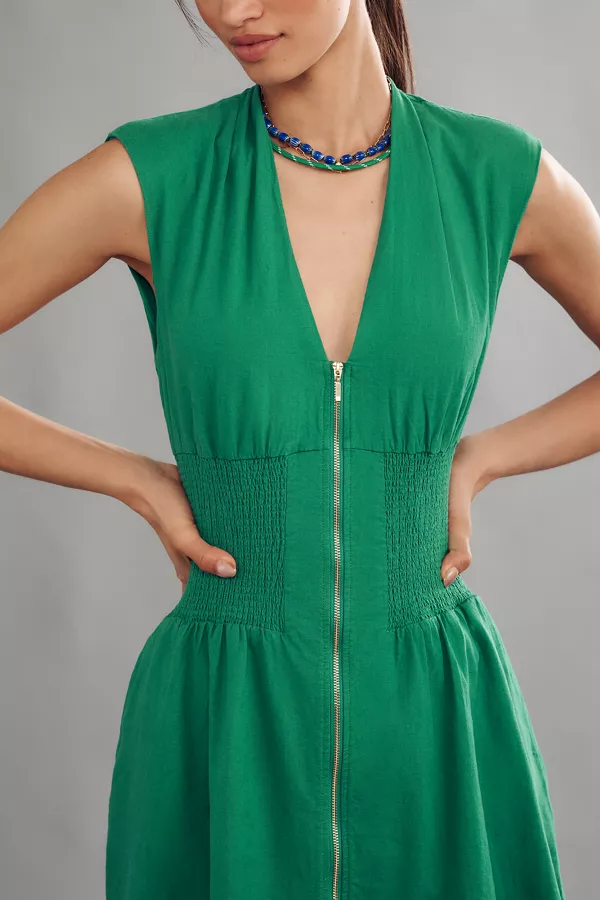 Anthropologie The Tommie Cap-Sleeve Smocked Front-Zip Shirt Dress: Linen Mini Edition Green