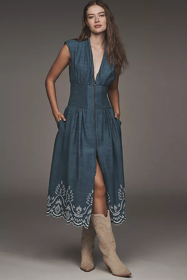 Anthropologie The Tommie Denim Eyelet Trim Dress Denim Medium Blue
