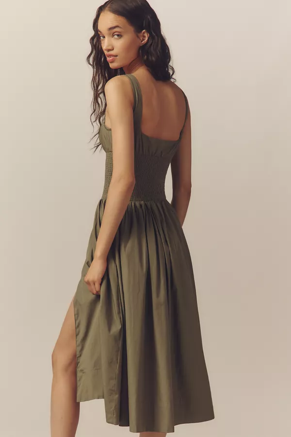 Anthropologie The Tommie Smocked Front-Zip Shirt Dress: Sleeveless Scoop-Neck Edition Olive