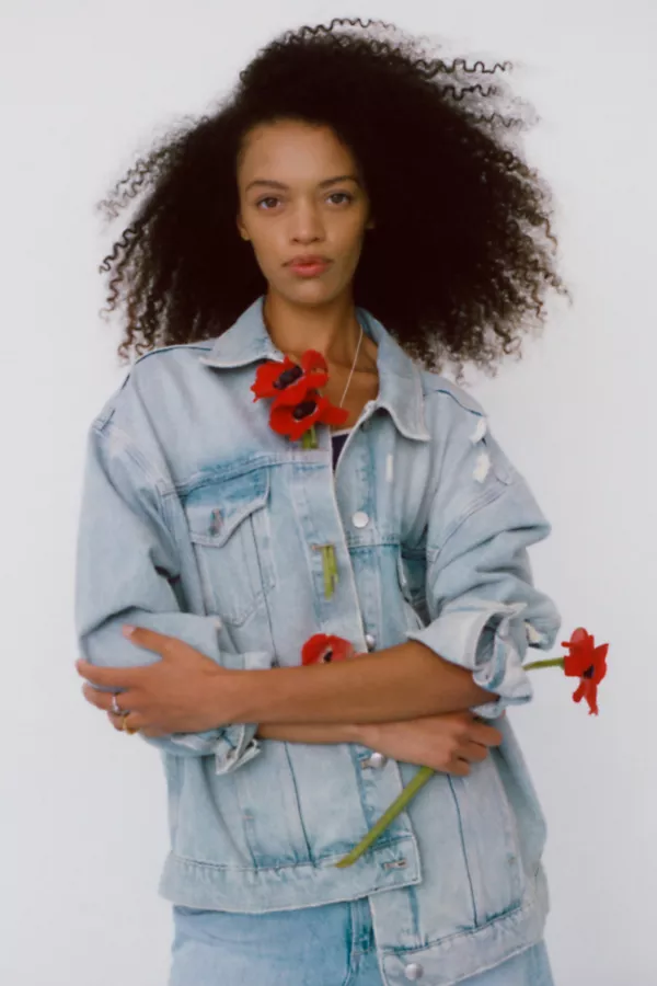 anthropologie The Weston Denim Boyfriend Jacket by Pilcro Morris Destroy Light Wash