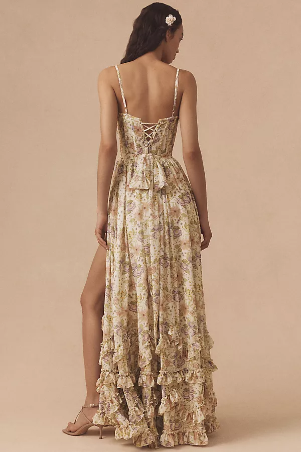 Anthropologie V. Chapman Carmen Corset Front-Slit Ruffled Gown Pink Pattern