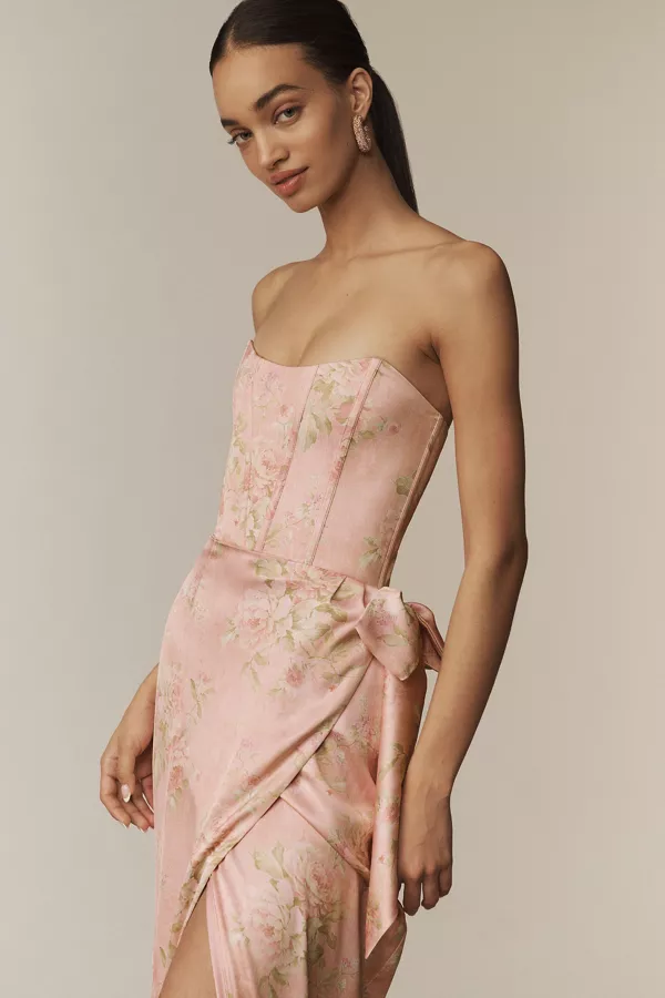 Anthropologie V. Chapman June Printed Corset Front-Slit Satin Gown Petal Pink