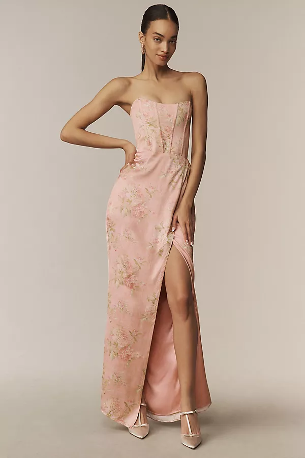 anthropologie V. Chapman June Printed Corset Front-Slit Satin Gown Petal Pink