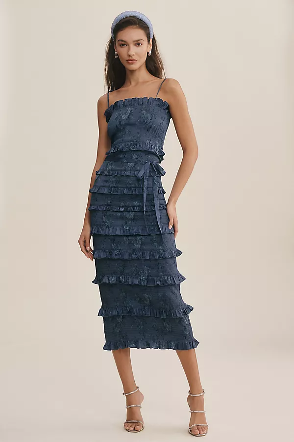 Anthropologie V. Chapman Lily Ruched & Ruffled Stretch Satin Midi Dress NAVY BOUQUET