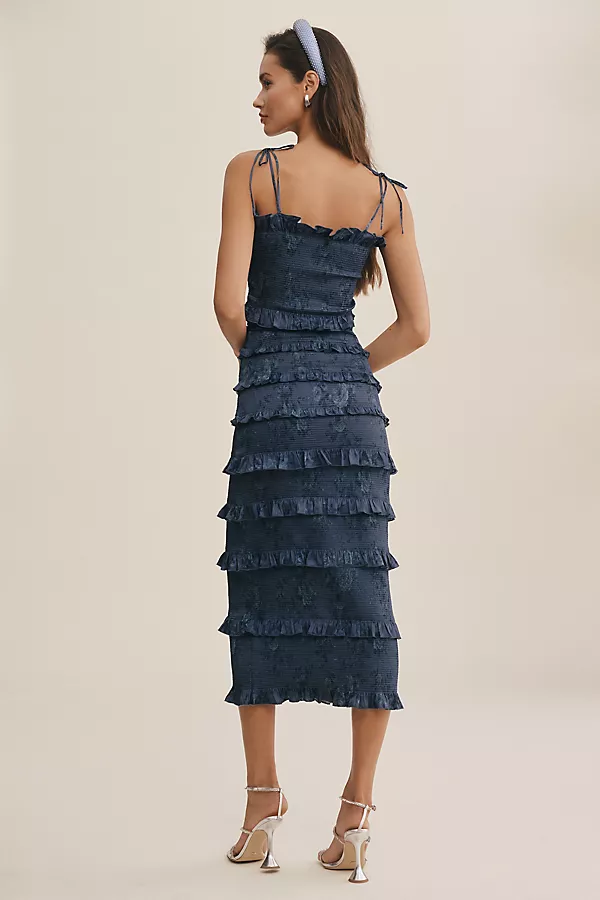 Anthropologie V. Chapman Lily Ruched & Ruffled Stretch Satin Midi Dress NAVY BOUQUET