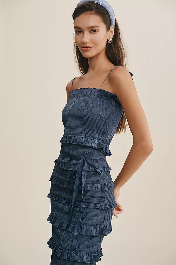 Anthropologie V. Chapman Lily Ruched & Ruffled Stretch Satin Midi Dress NAVY BOUQUET