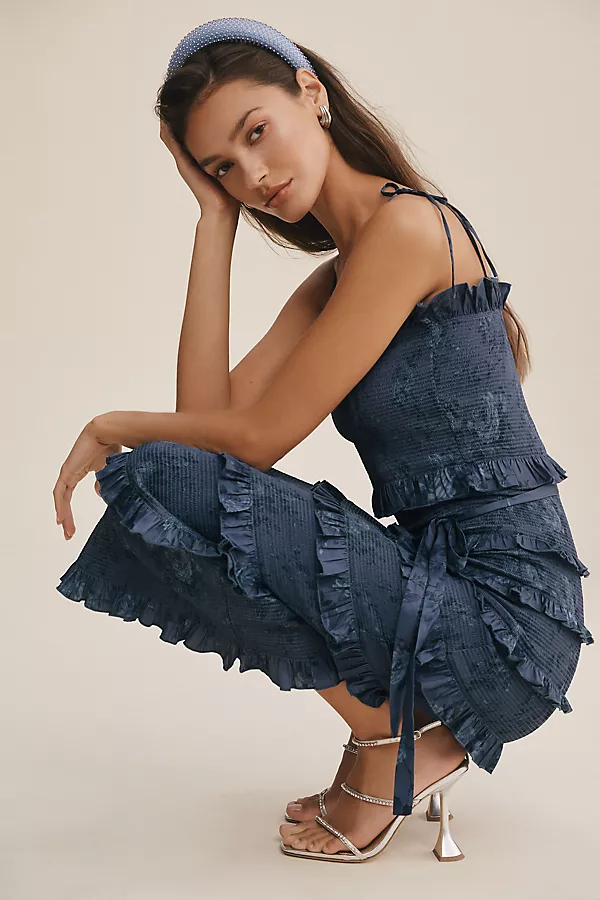 anthropologie V. Chapman Lily Ruched & Ruffled Stretch Satin Midi Dress NAVY BOUQUET