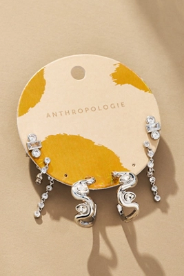 Anthropologie Wavy Huggie Hoop Earrings Set Of 3 Silver