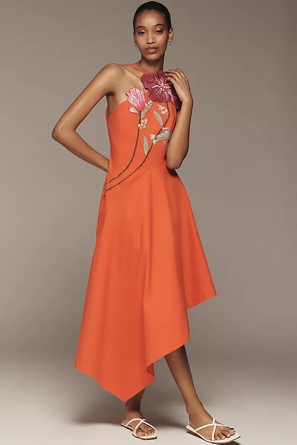 anthropologie Yukiko Noritake x Anthropologie Asymmetrical Floral Midi Dress Red