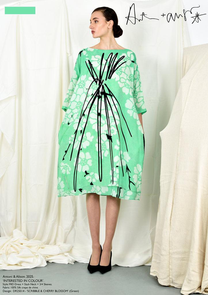 Antoni & Alison SCRIBBLE & CHERRY BLOSSOM Dress (Green)