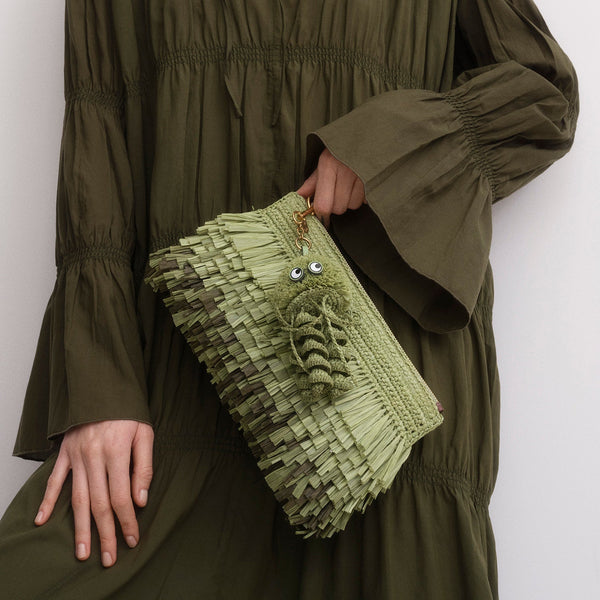 Anya Hindmarch Dégradé Shag Raffia Clutch Raffia/Smooth Leather In Aloe Green
