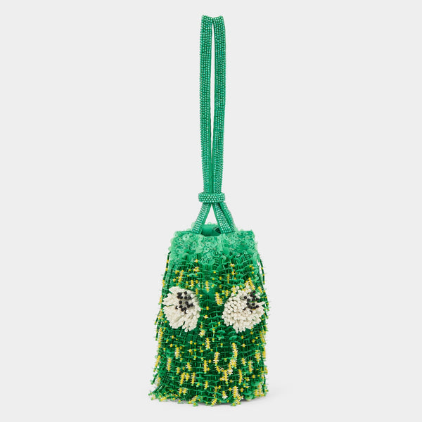 anya hindmarch Eyes Embellished Mini Bucket Bag Satin Leather in Aloe Green