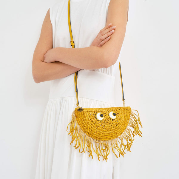 Anya Hindmarch Eyes Half Moon Cross-body Raffia/Smooth Leather In Cumin Yellow