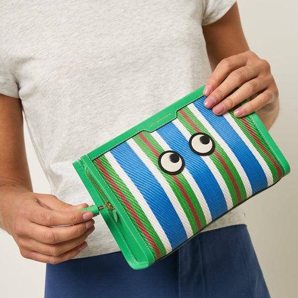 Anya Hindmarch Eyes Striped Pouch Recycled Mesh/Capra Leather In Aloe Green