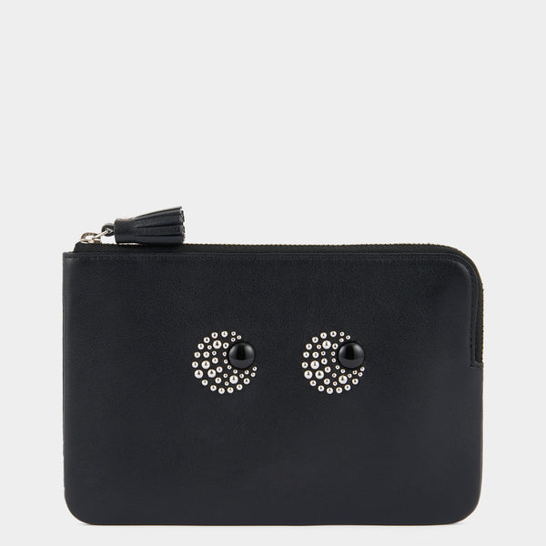 anya hindmarch Eyes Studded Zip Loose Pocket Satin Leather in Black
