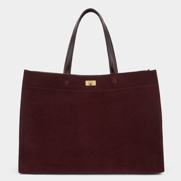 anya hindmarch Mortimer Tote Suede/Patent Leather in Grape anya hindmarch Mortimer Tote Suede/Patent Leather in Grape