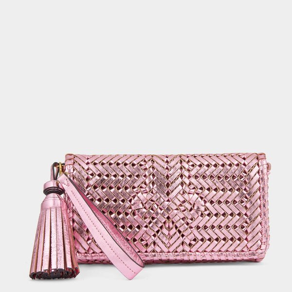 anya hindmarch Neeson Tassel Clutch Capra Leather in Peony Pink anya hindmarch Neeson Tassel Clutch Capra Leather in Peony Pink