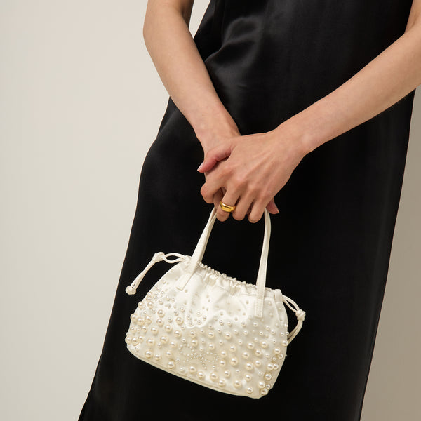 Anya Hindmarch Pearl Bead Drawstring Pouch Satin/Suede Leather In Ivory