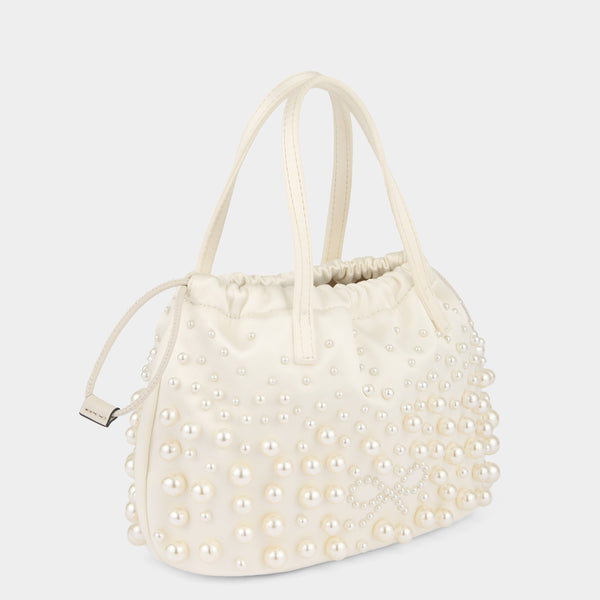 Anya Hindmarch Pearl Bead Drawstring Pouch Satin/Suede Leather In Ivory