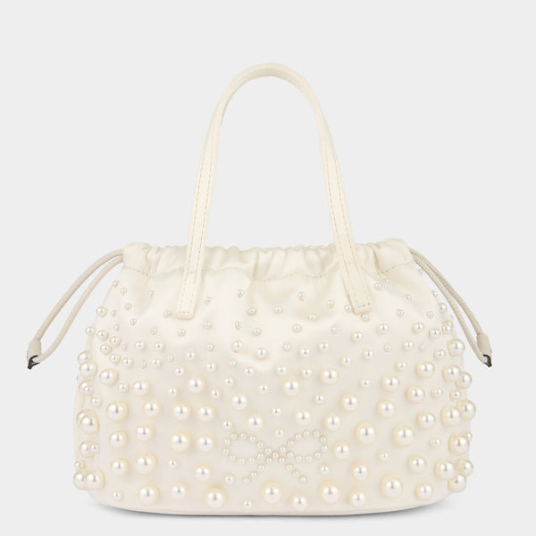 anya hindmarch Pearl Bead Drawstring Pouch Satin/Suede Leather in Ivory