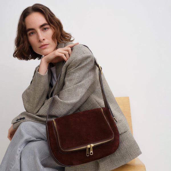 Anya Hindmarch Vere Shoulder Bag Suede Leather/Calf Leather In Dark Cedar Brown