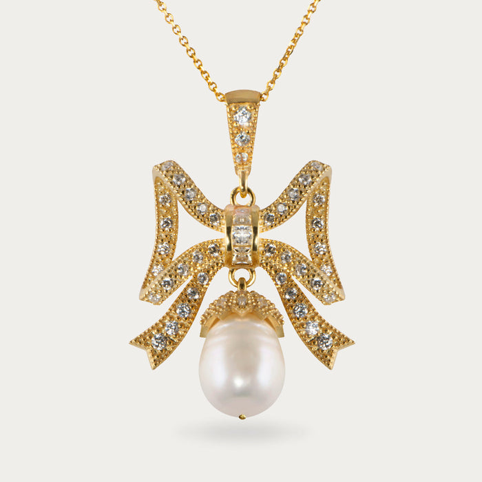 apples & figs GOLDEN MARQUISE RIBBON & PEARL PENDANT