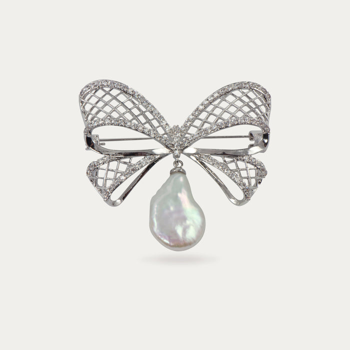 apples & figs SILVER RIBBON & BAROQUE PEARL BROOCH