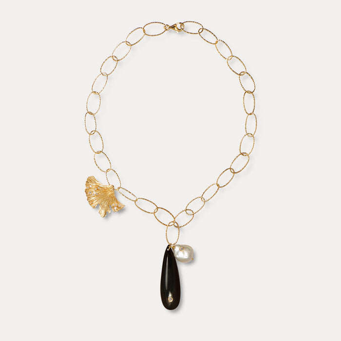 apples & figs Ginkgo Leaf Pearl Black Onyx Vermeil Chain Necklace