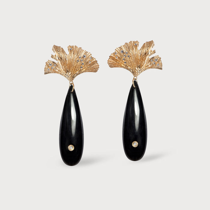 apples & figs Ginkgo Leaf Vermeil Black Onyx earrings