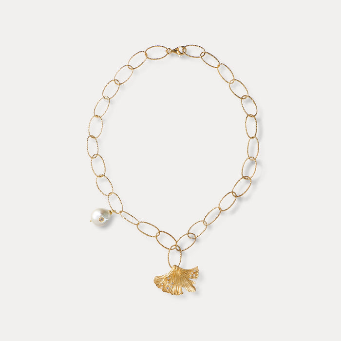 apples & figs Love Potion Ginkgo Petal Pearl Vermeil Chain Necklace