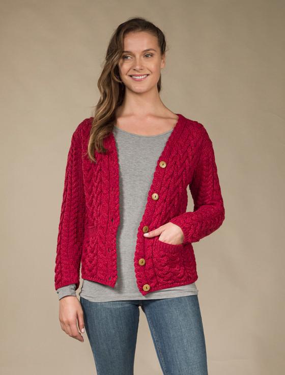 Aran Cashmere A‎ran V-Neck ‎Butt‎on Up ‎Cable Knit Cardigan