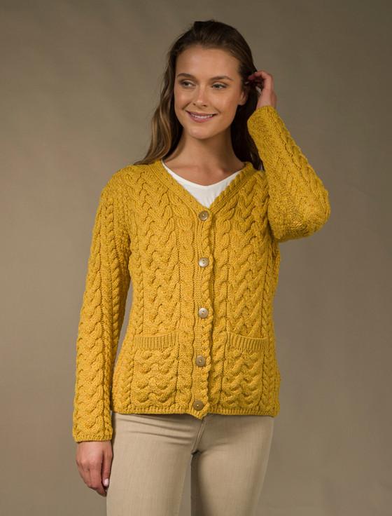 aran cashmere A‎ran V-Neck ‎Butt‎on Up ‎Cable Knit Cardigan