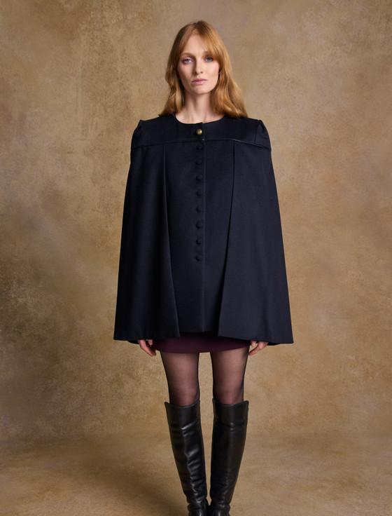 Aran Cashmere Aisling Tailored Tweed Cape - Deep Navy Melton
