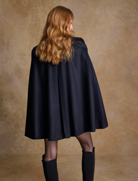 Aran Cashmere Aisling Tailored Tweed Cape - Deep Navy Melton