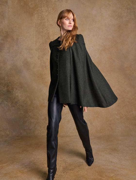 Aran Cashmere Aisling Tailored Tweed Cape - Winning Green Herringbone