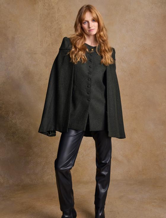 aran cashmere Aisling Tailored Tweed Cape - Winning Green Herringbone