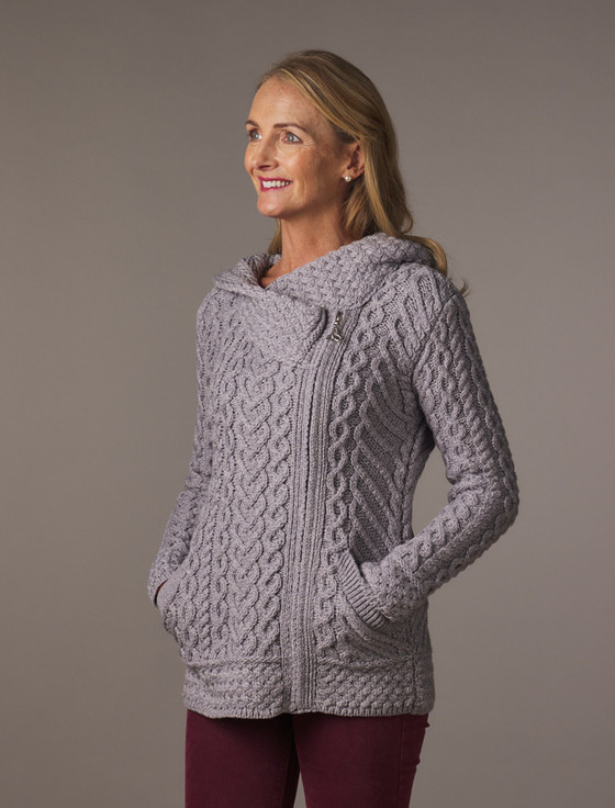 Aran Cashmere Aran Cable Knit Hoodie With Celtic Side Zip‎‎‎‎