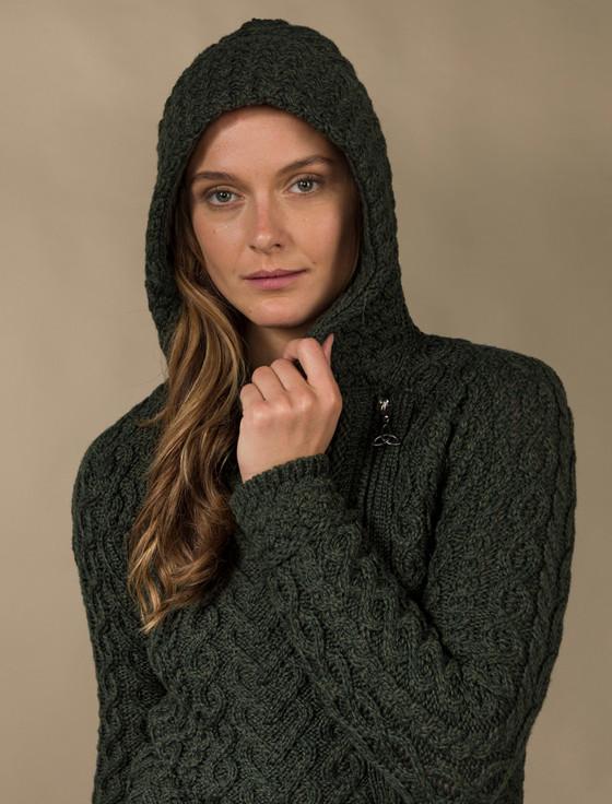 Aran Cashmere Aran Cable Knit Hoodie With Celtic Side Zip‎‎‎