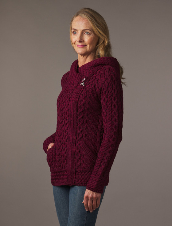 Aran Cashmere Aran Cable Knit Hoodie With Celtic Side Zip‎