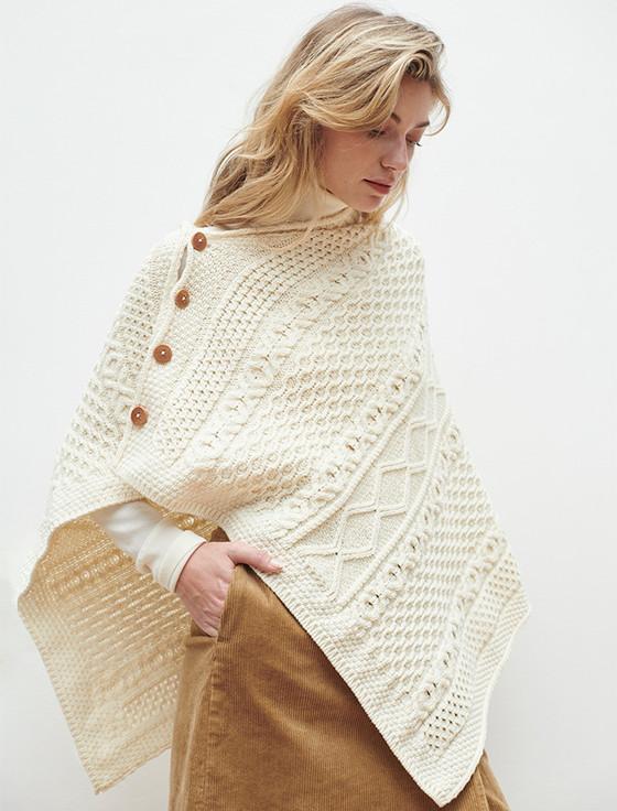 Aran Cashmere Aran Buttoned Wool Poncho