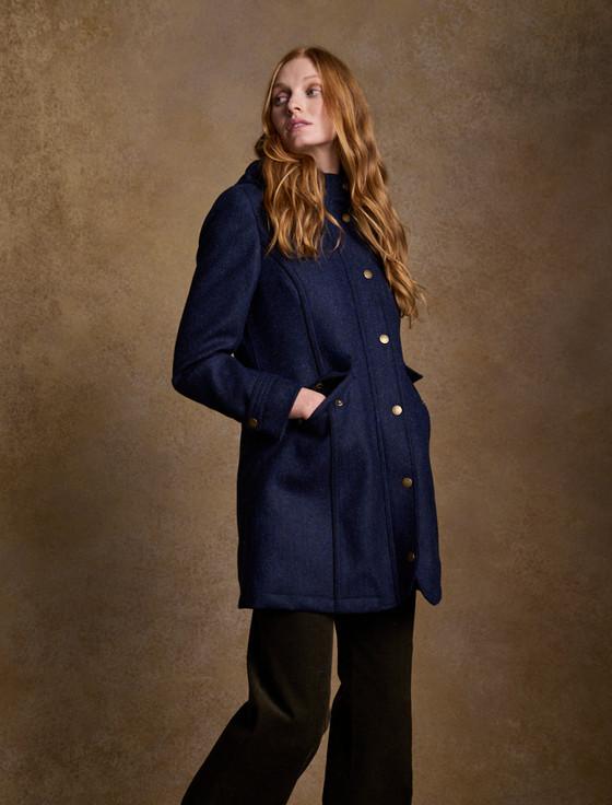Aran Cashmere Abbie Tweed Coat - Navy Herringbone