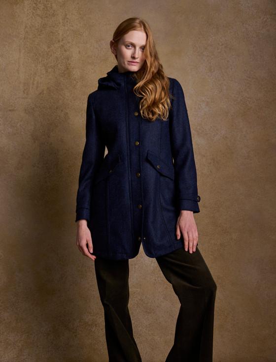Aran Cashmere Abbie Tweed Coat - Navy Herringbone