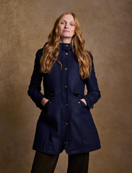 aran cashmere Abbie Tweed Coat - Navy Herringbone