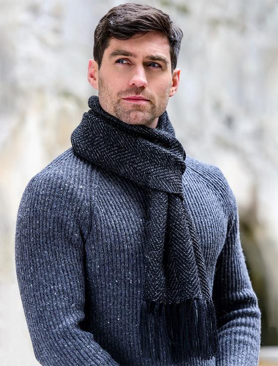 Aran Cashmere Alpaca Scarf - Grey Herringbone