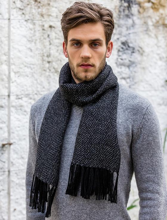 Aran Cashmere Alpaca Scarf - Grey Herringbone