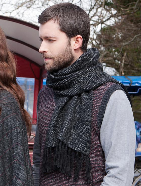 Aran Cashmere Alpaca Scarf - Grey Herringbone