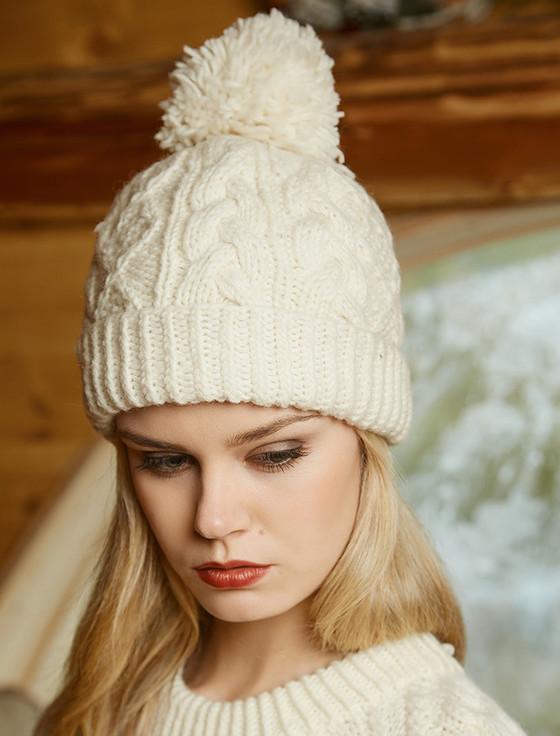 aran cashmere ‎Aran Fleece Line‎d‎ Rib Cap with Pom‎