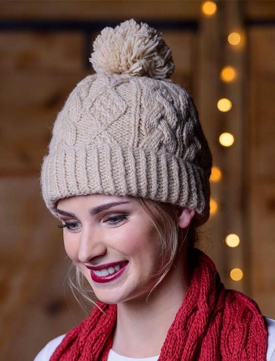 Aran Cashmere Aran Fleece Lined Rib Cap With Pom